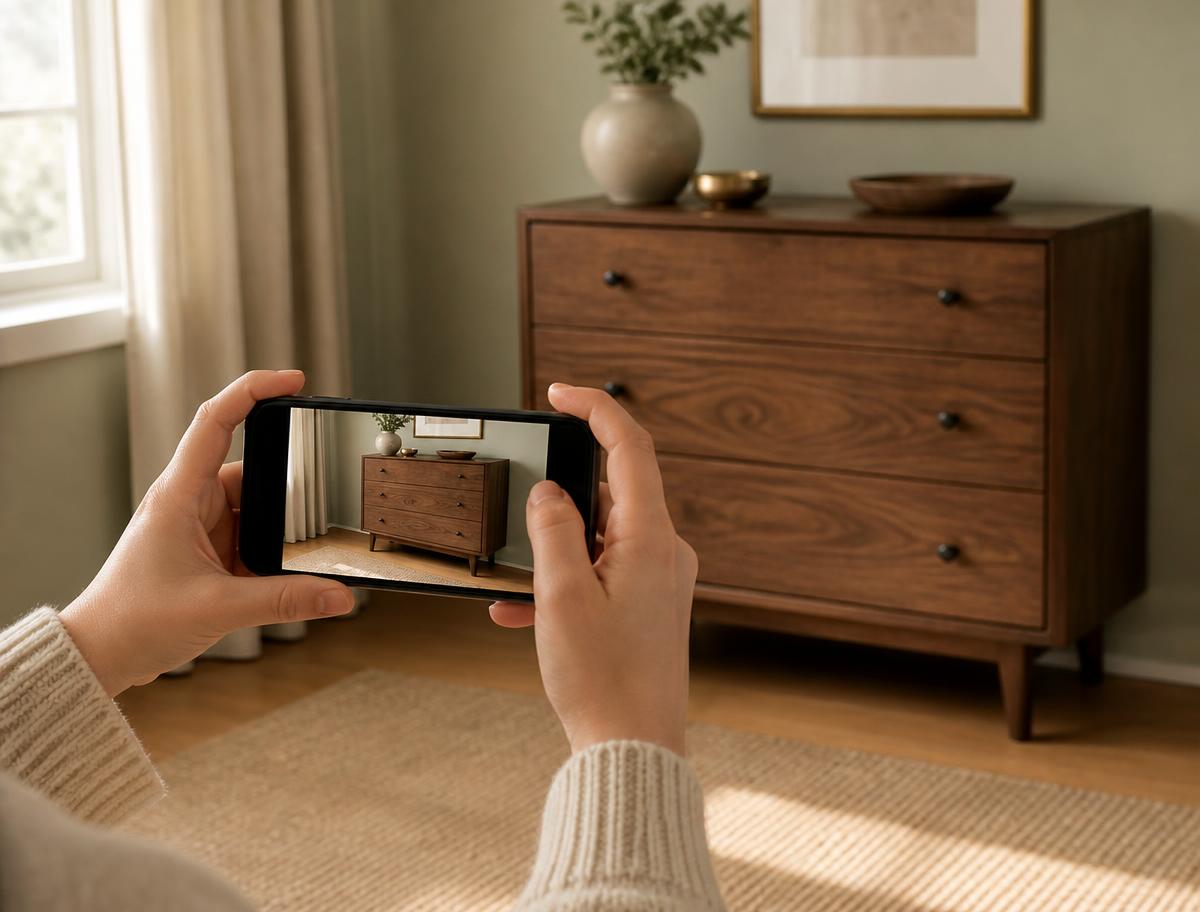 Person photographing a walnut dresser with a smartphone to send for a furniture offer